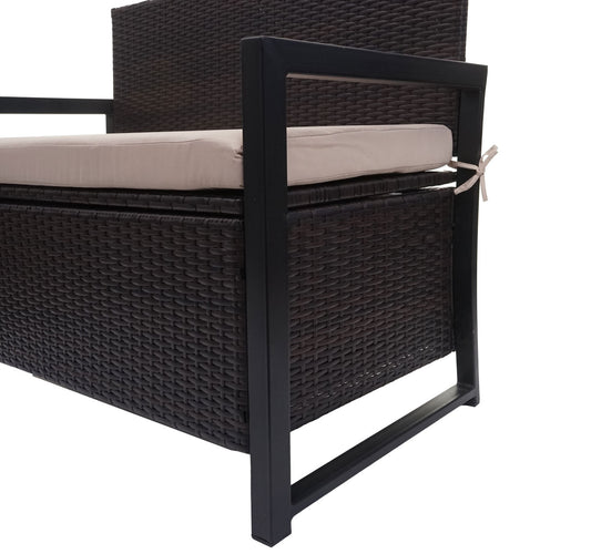 Cosmo Casa - Polyrotan 2-zitsbank - Tuinbank - Borstbank - Opbergvak - Zitkussen - Bruin met Beige Kussen