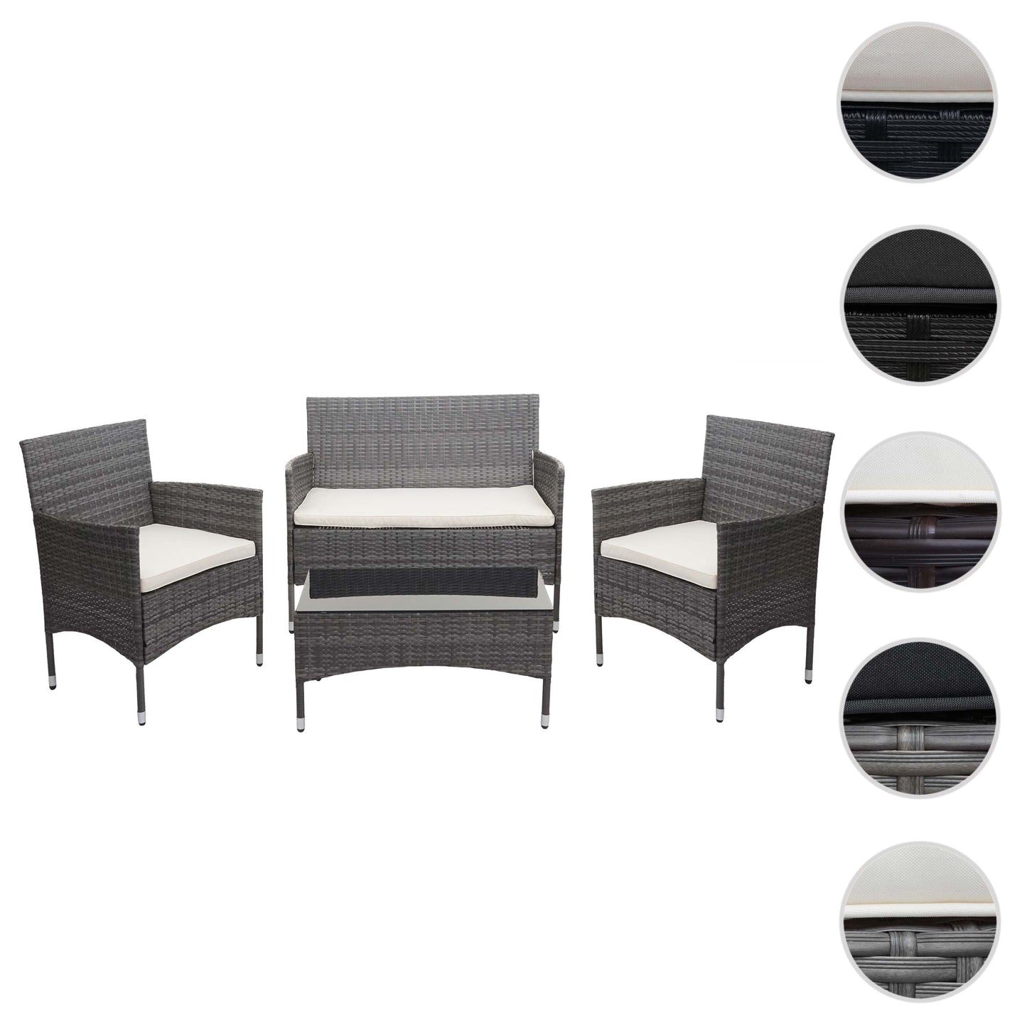 Cosmo Casa - Polyrotan Set - Balkon Tuin Loungeset Bank Zitgroep - Grijs met Crème Kussens