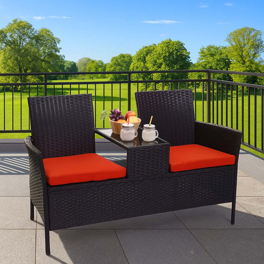 Cosmo Casa - Tuinbank - Polyrotan Bank met Tafel - Staal en Kussen - Zwart met Terracotta