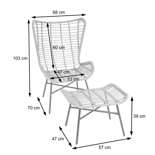 Cosmo Casa - Poly rattan balkonset - Zitgroep met stoel en kruk fauteuil - Touw - Natuurlijke kleur - Kussen antraciet