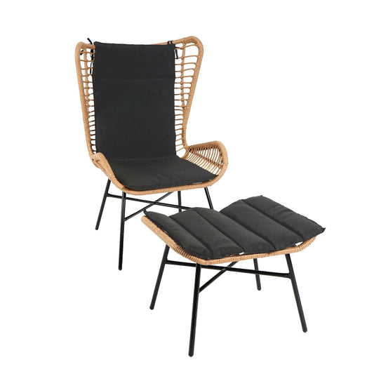 Cosmo Casa - Poly rattan balkonset - Zitgroep met stoel en kruk fauteuil - Touw - Natuurlijke kleur - Kussen antraciet