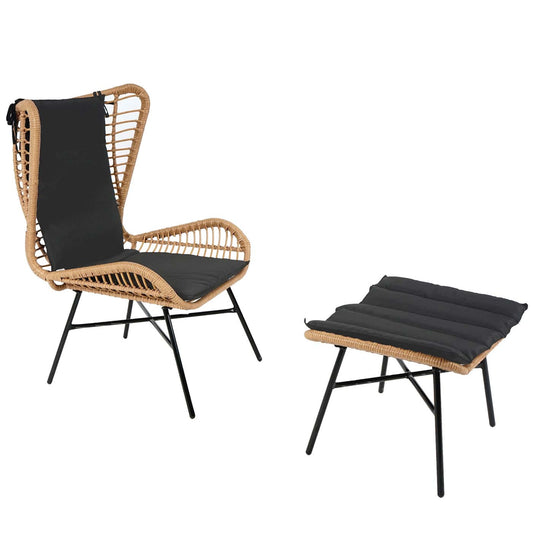 Cosmo Casa - Poly rattan balkonset - Zitgroep met stoel en kruk fauteuil - Touw - Natuurlijke kleur - Kussen antraciet