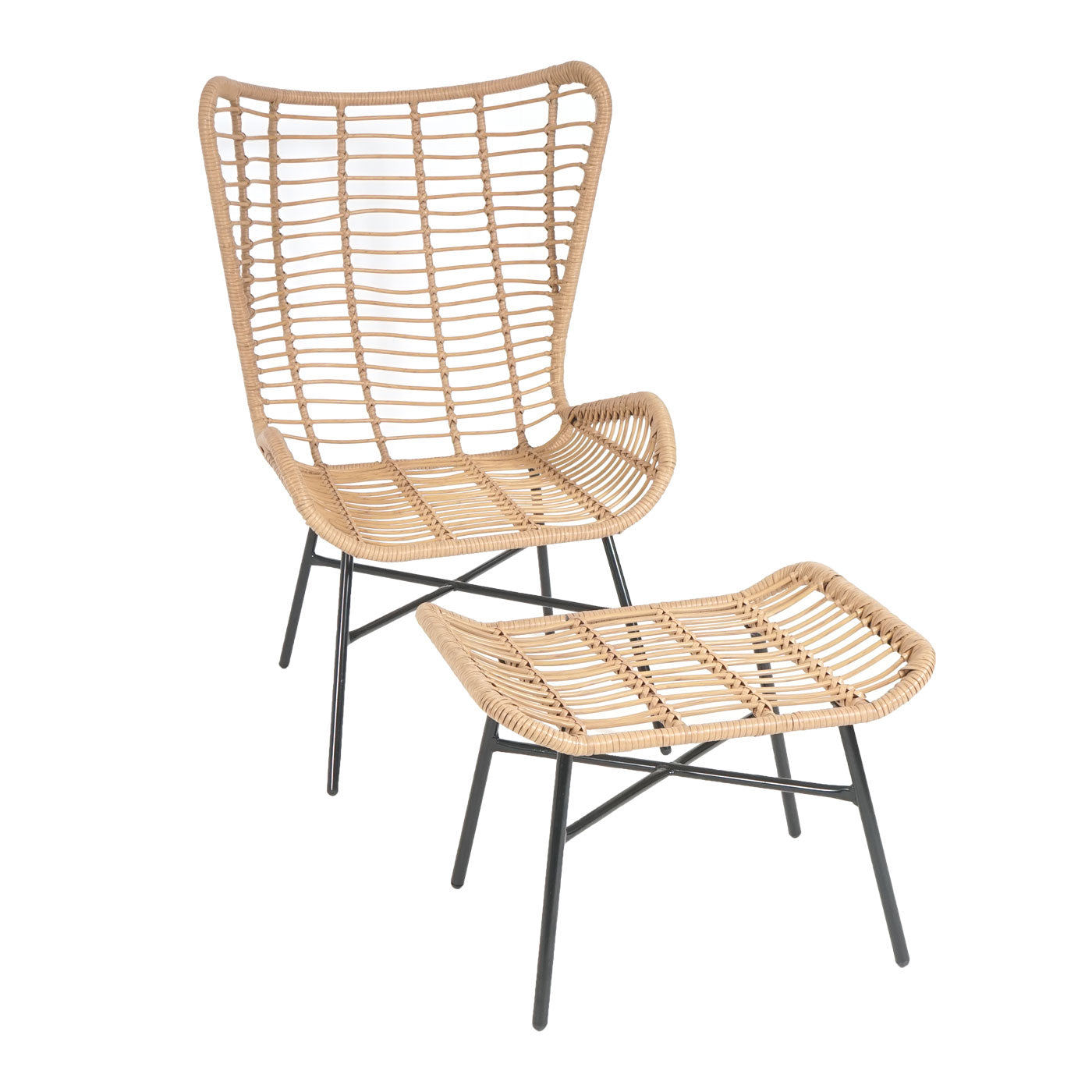 Cosmo Casa - Poly rattan balkonset - Zitgroep met stoel en kruk fauteuil - Touw - Natuurlijke kleur - Kussen antraciet