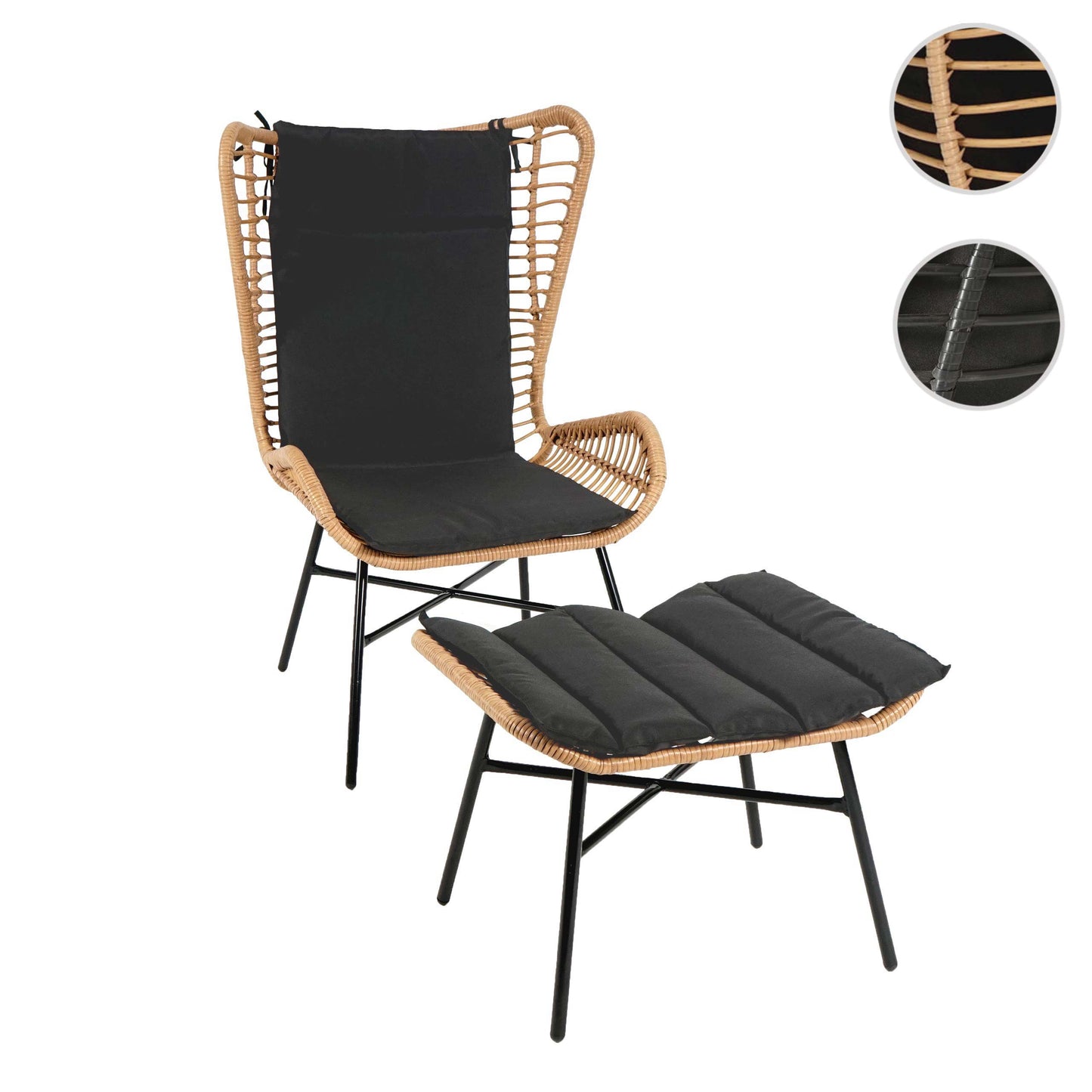 Cosmo Casa - Poly rattan balkonset - Zitgroep met stoel en kruk fauteuil - Touw - Natuurlijke kleur - Kussen antraciet