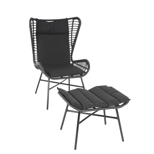 Cosmo Casa - Poly rattan balkonset - Zitgroep met stoel en kruk fauteuil - Touw - Antraciet - Kussen antraciet
