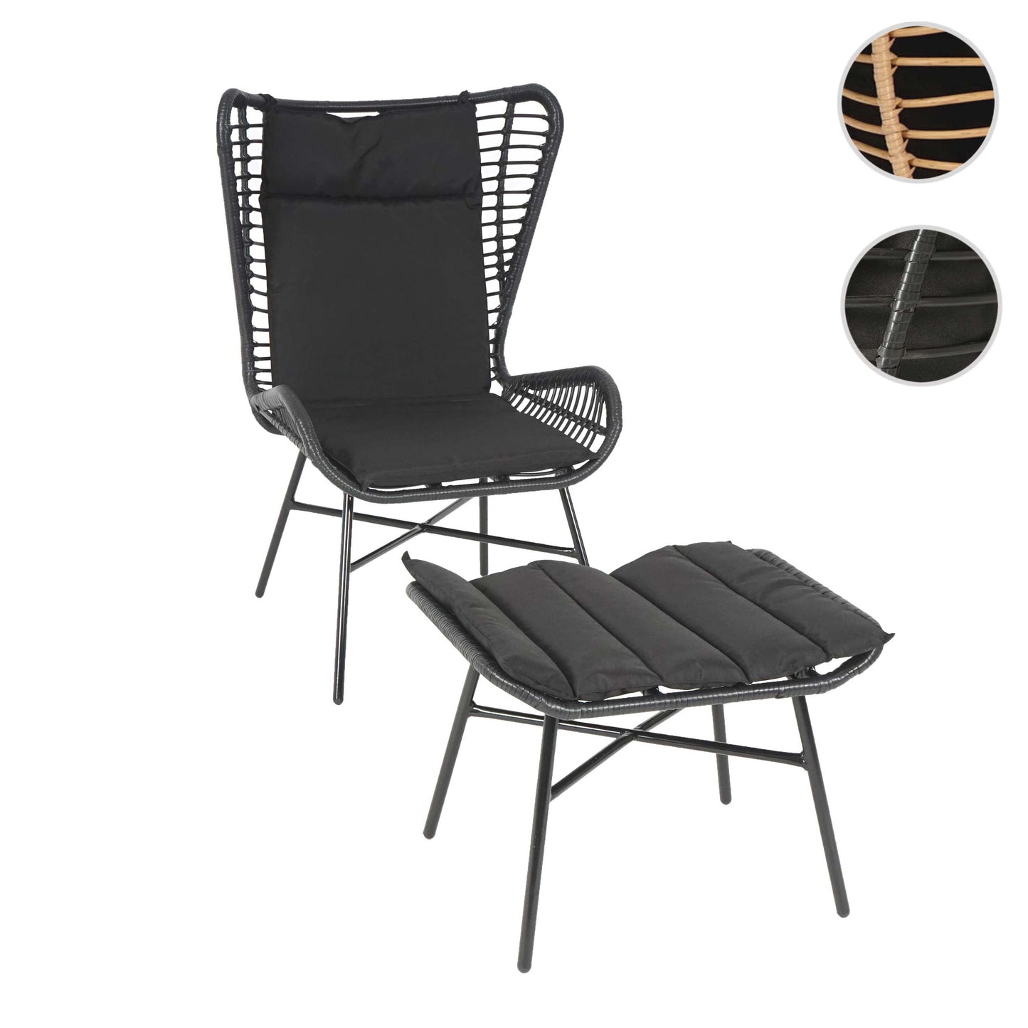 Cosmo Casa - Poly rattan balkonset - Zitgroep met stoel en kruk fauteuil - Touw - Antraciet - Kussen antraciet