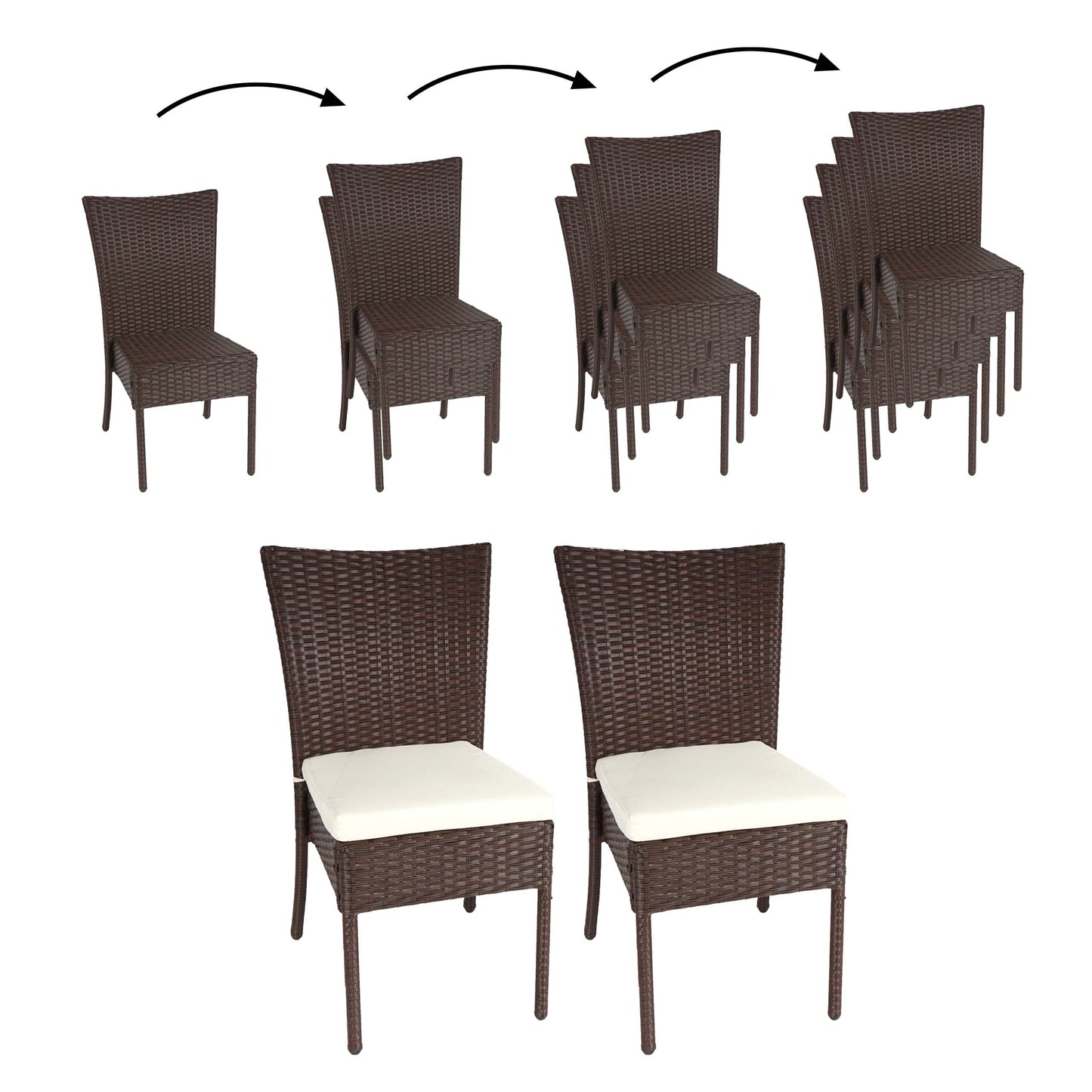 Cosmo Casa - Set van 2 poly rattan stoelen - Stapelbare balkonstoel tuinstoel - Poly rattan - Bruin - Kussen crème