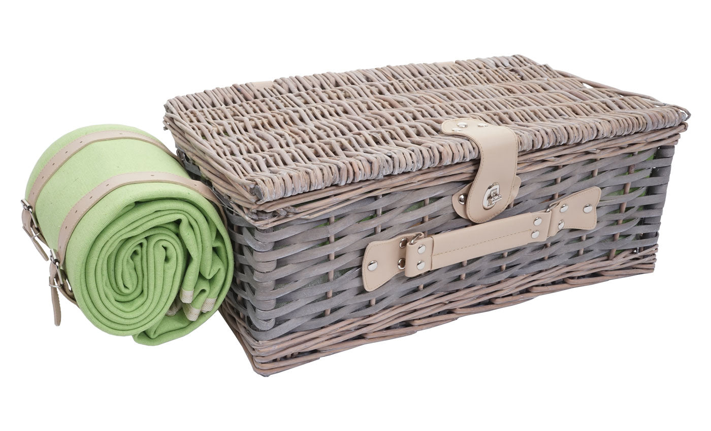 Cosmo Casa - Picknickmandset - Rieten Mand - Porselein - Roestvrij Staal - Grijsgroen