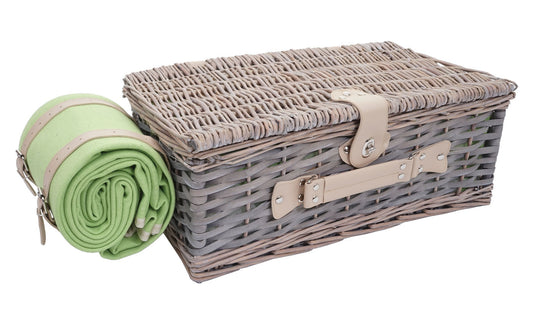 Cosmo Casa - Picknickmandset - Rieten Mand - Porselein - Roestvrij Staal - Grijsgroen