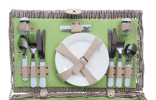 Cosmo Casa - Picknickmandset - Rieten Mand - Porselein - Roestvrij Staal - Grijsgroen
