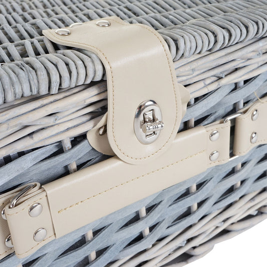 Cosmo Casa - Picknickmandset - Rieten Mand - Porselein - Roestvrij Staal - Grijsgroen