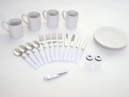 Cosmo Casa - Picknickmandset - Rieten Mand - Porselein - Roestvrij Staal - Grijsgroen