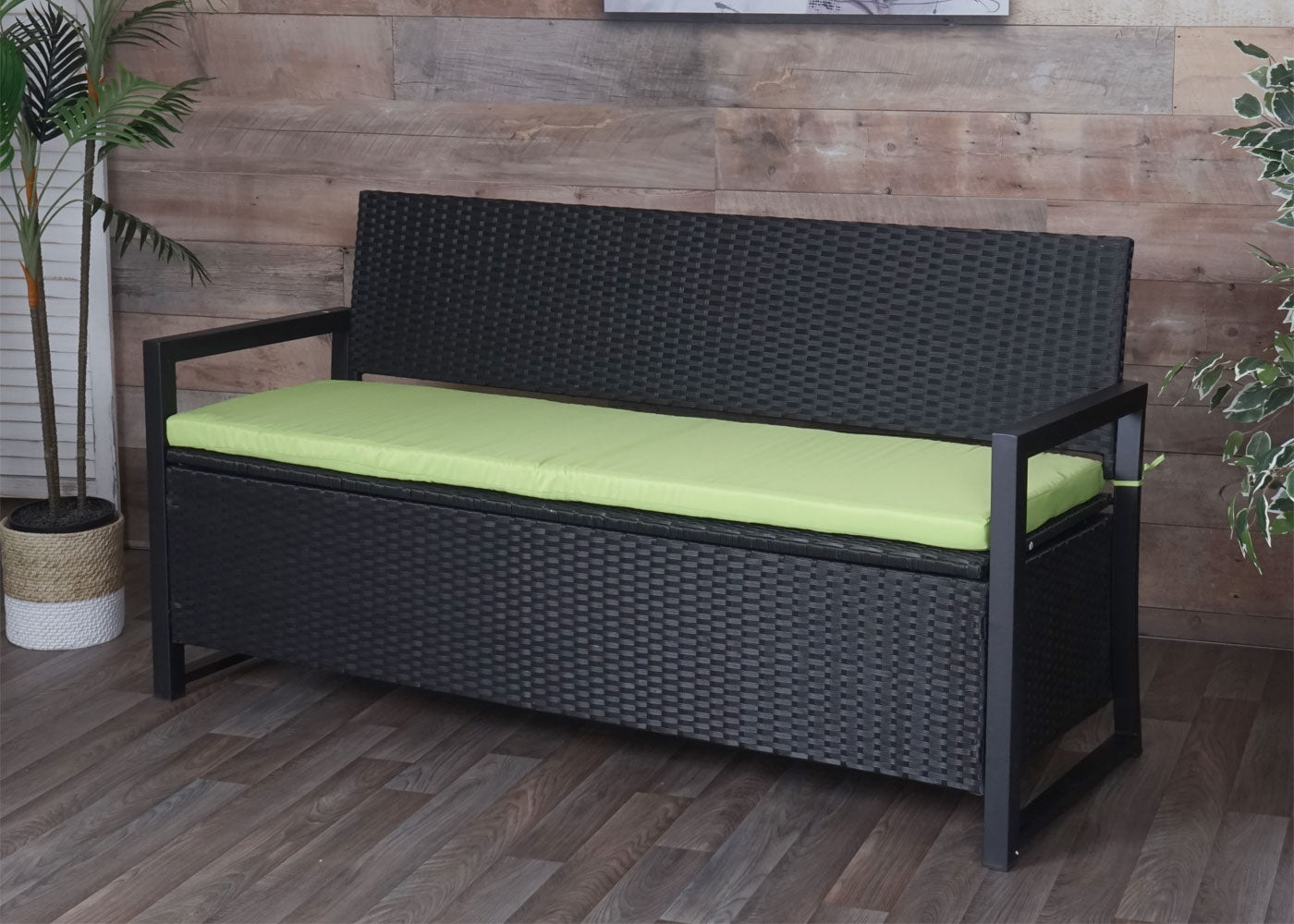 Cosmo Casa - Poly-Rotan 3-Zitsbank - Tuinbank / Kistbank met Opbergvak - Antraciet & Groene Kussens