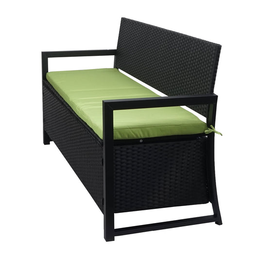 Cosmo Casa - Poly-Rotan 3-Zitsbank - Tuinbank / Kistbank met Opbergvak - Antraciet & Groene Kussens