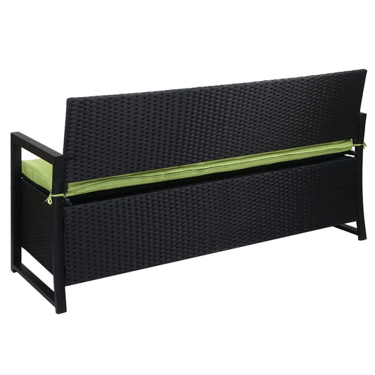 Cosmo Casa - Poly-Rotan 3-Zitsbank - Tuinbank / Kistbank met Opbergvak - Antraciet & Groene Kussens