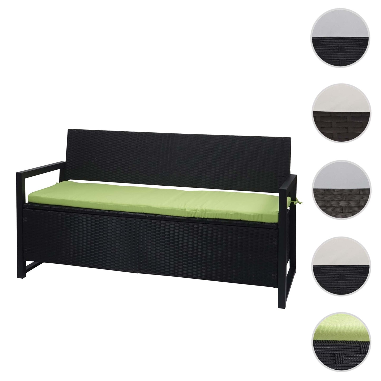 Cosmo Casa - Poly-Rotan 3-Zitsbank - Tuinbank / Kistbank met Opbergvak - Antraciet & Groene Kussens