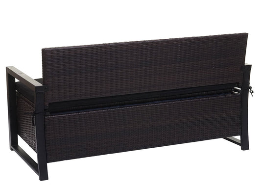 Cosmo Casa - Polyrotan 3-Zitsbank - Tuinbank/Borstbank met Opbergvak - Zitkussen Bruin & Zwart Kussen