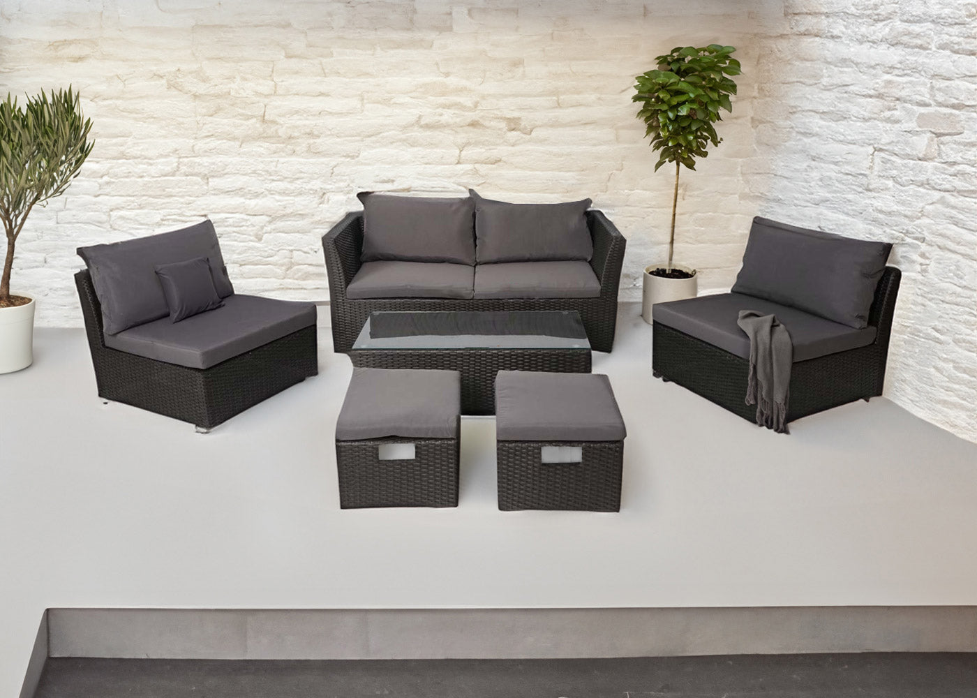 Cosmo Casa - Poly Rattan Set - Balkon/Tuin Loungeset Bank - Antraciet Frame - Donkergrijze Kussens