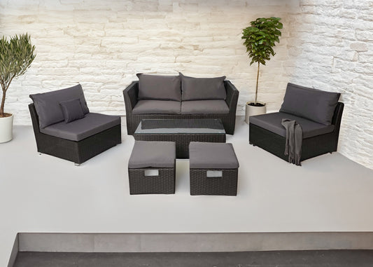 Cosmo Casa - Poly Rattan Set - Balkon/Tuin Loungeset Bank - Antraciet Frame - Donkergrijze Kussens