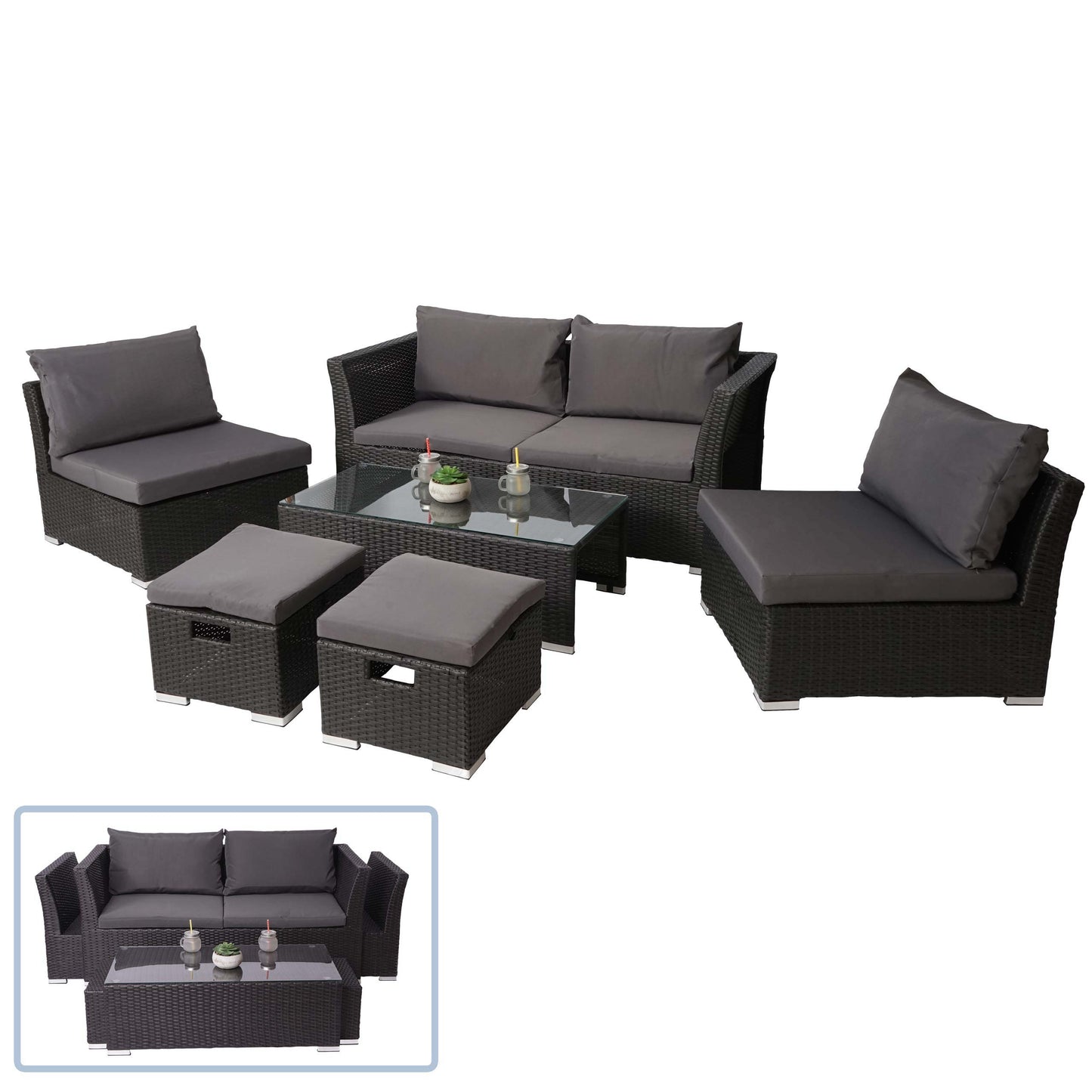 Cosmo Casa - Poly Rattan Set - Balkon/Tuin Loungeset Bank - Antraciet Frame - Donkergrijze Kussens