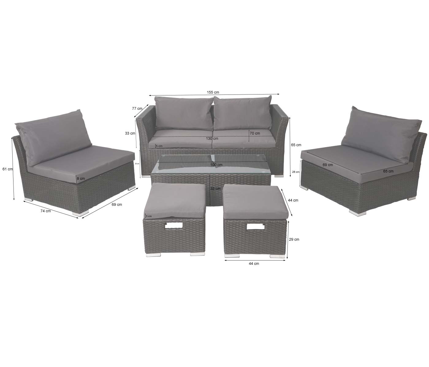 Cosmo Casa - Poly Rattan Set - Balkon/Tuin Loungeset Bank - Antraciet Frame - Donkergrijze Kussens