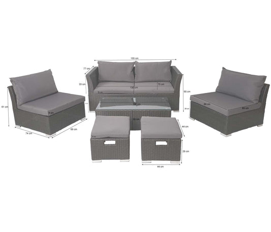 Cosmo Casa - Poly Rattan Set - Balkon/Tuin Loungeset Bank - Antraciet Frame - Donkergrijze Kussens