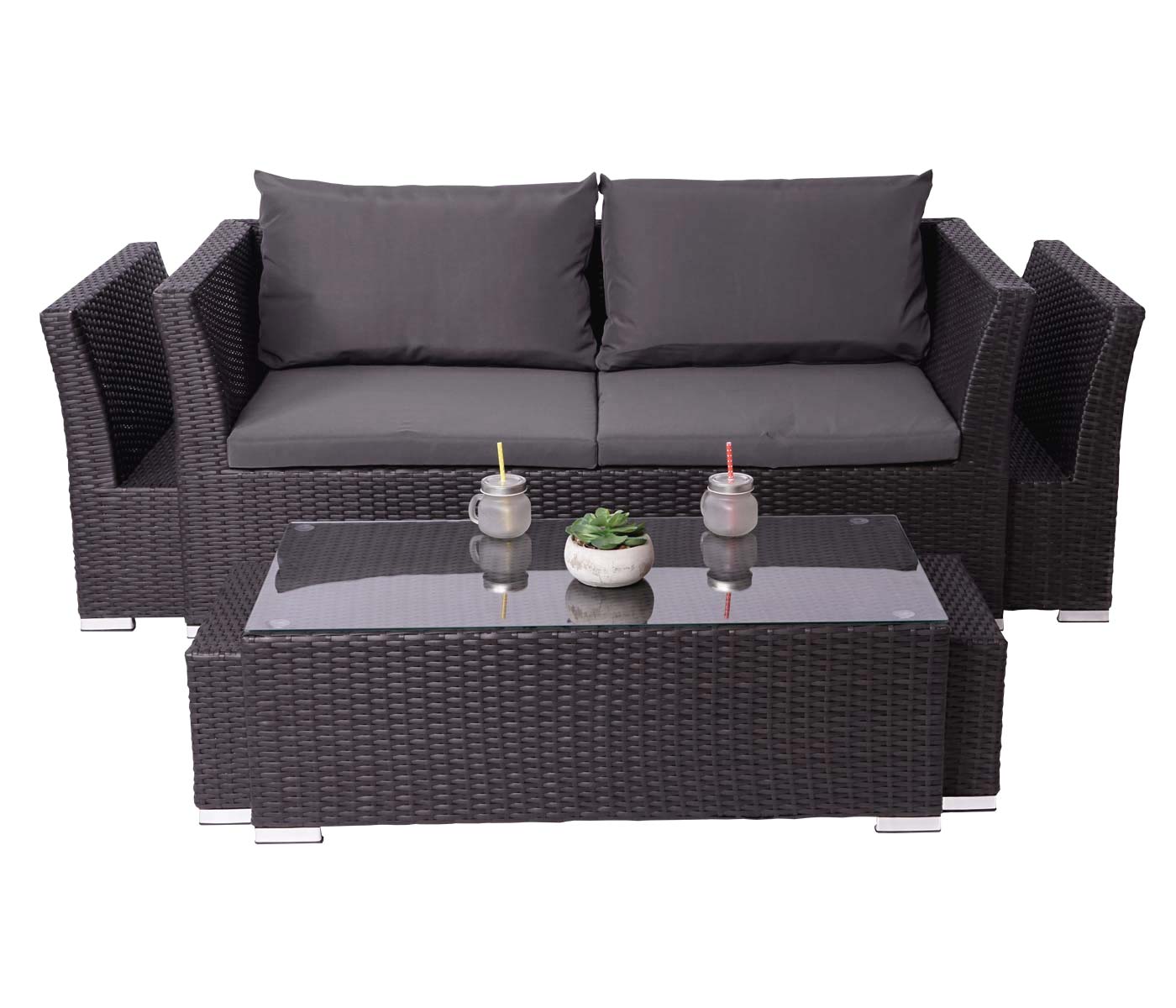 Cosmo Casa - Poly Rattan Set - Balkon/Tuin Loungeset Bank - Antraciet Frame - Donkergrijze Kussens