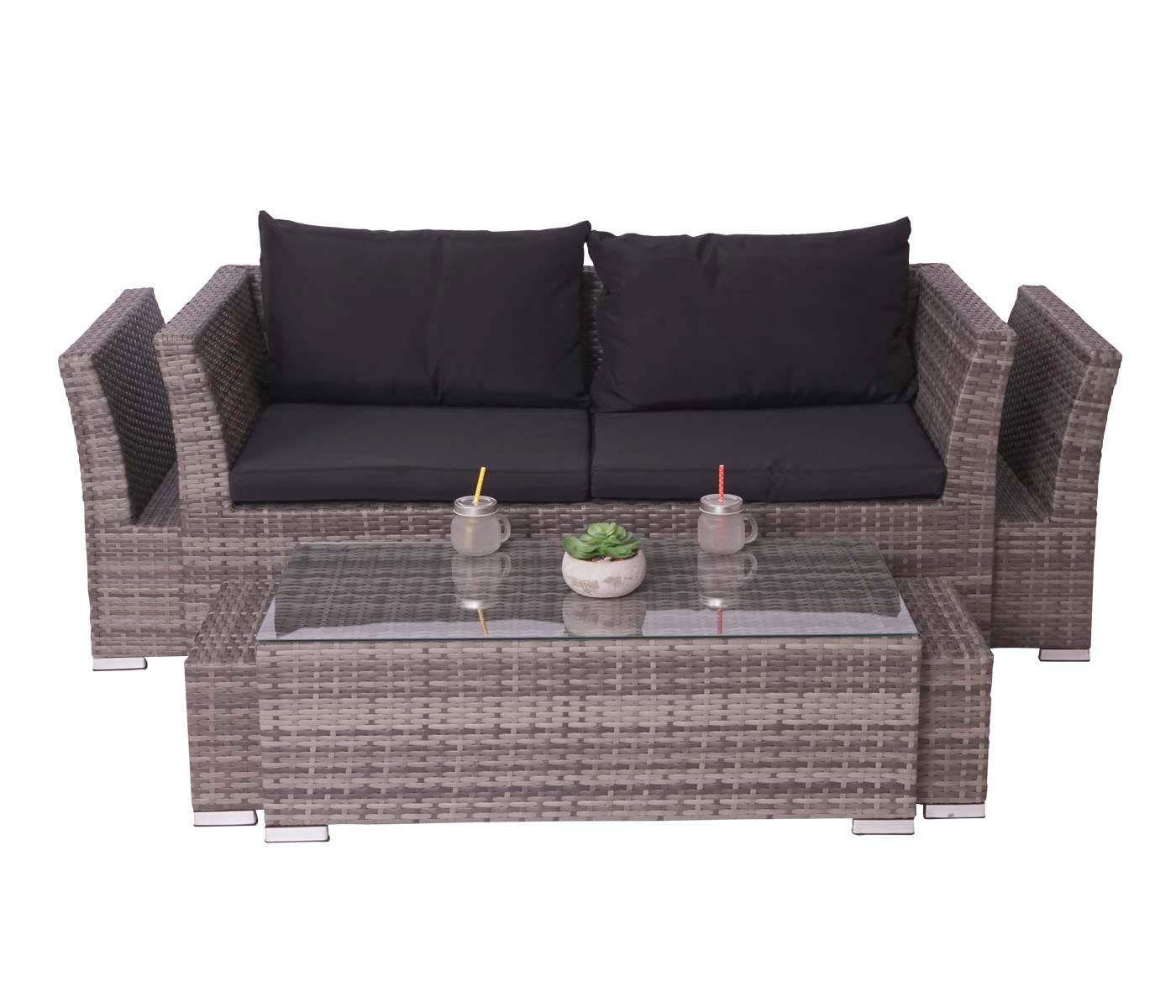 Cosmo Casa - Poly Rattan Set - Balkon/Tuin Loungeset Bank - Grijs Frame - Zwarte Kussens