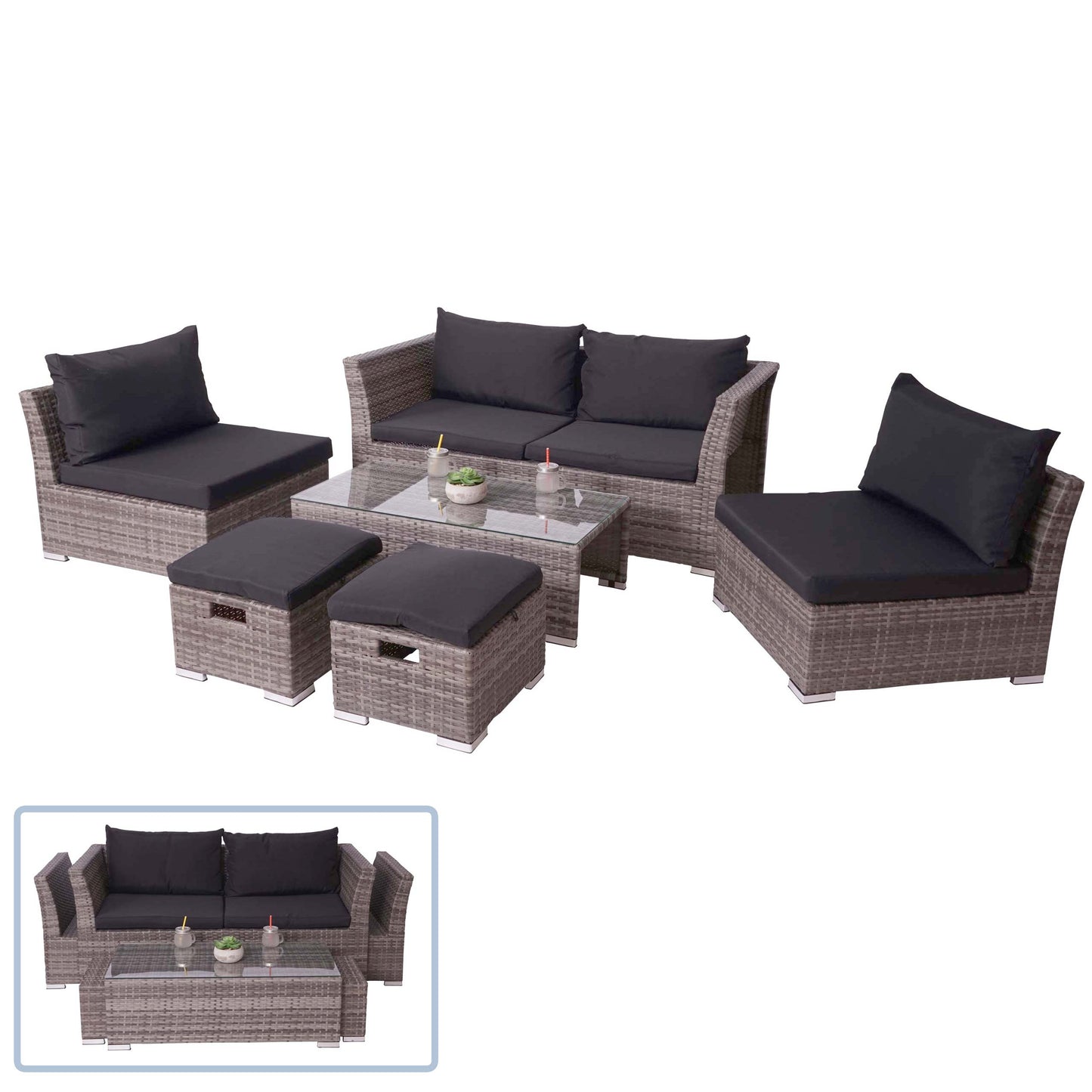 Cosmo Casa - Poly Rattan Set - Balkon/Tuin Loungeset Bank - Grijs Frame - Zwarte Kussens