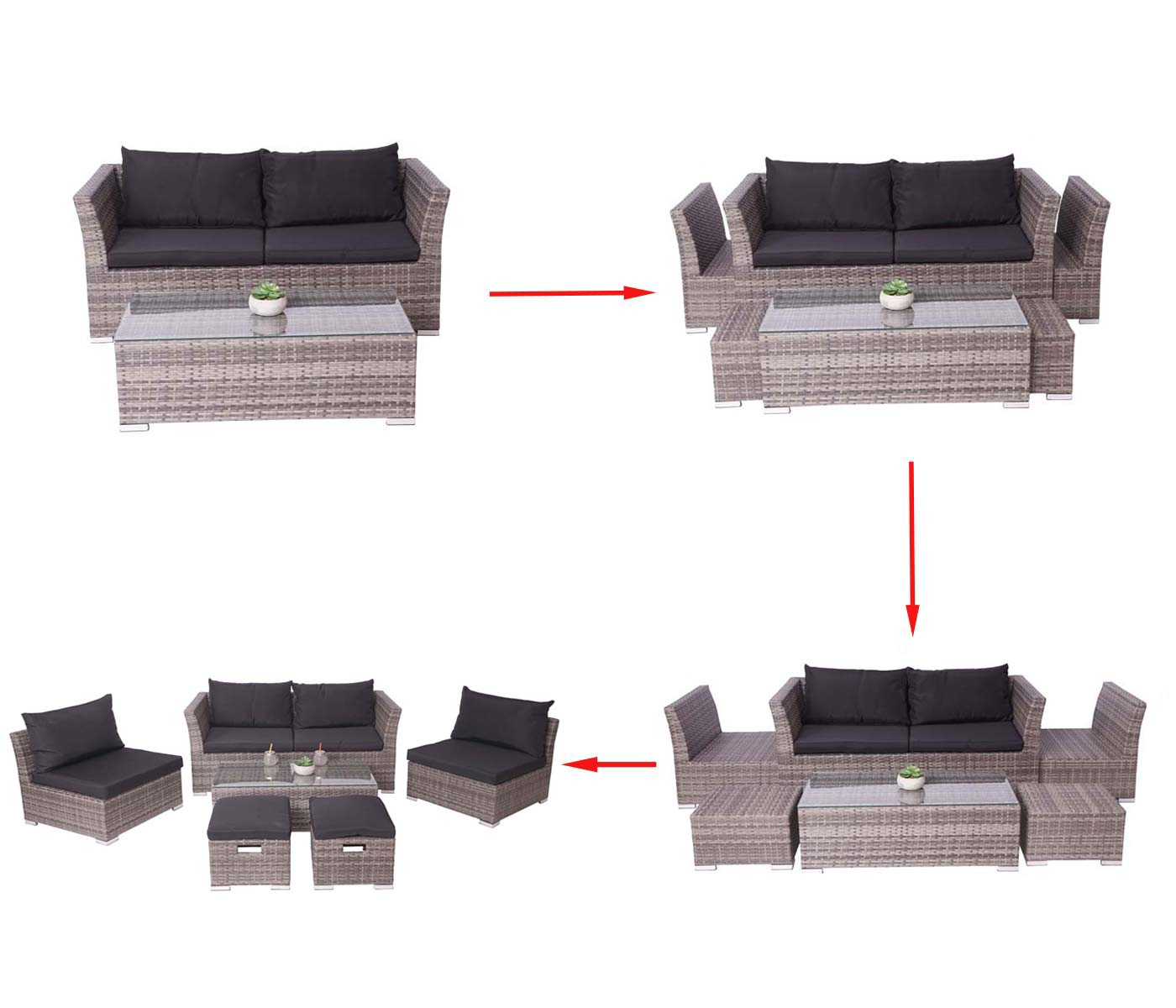 Cosmo Casa - Poly Rattan Set - Balkon/Tuin Loungeset Bank - Grijs Frame - Zwarte Kussens