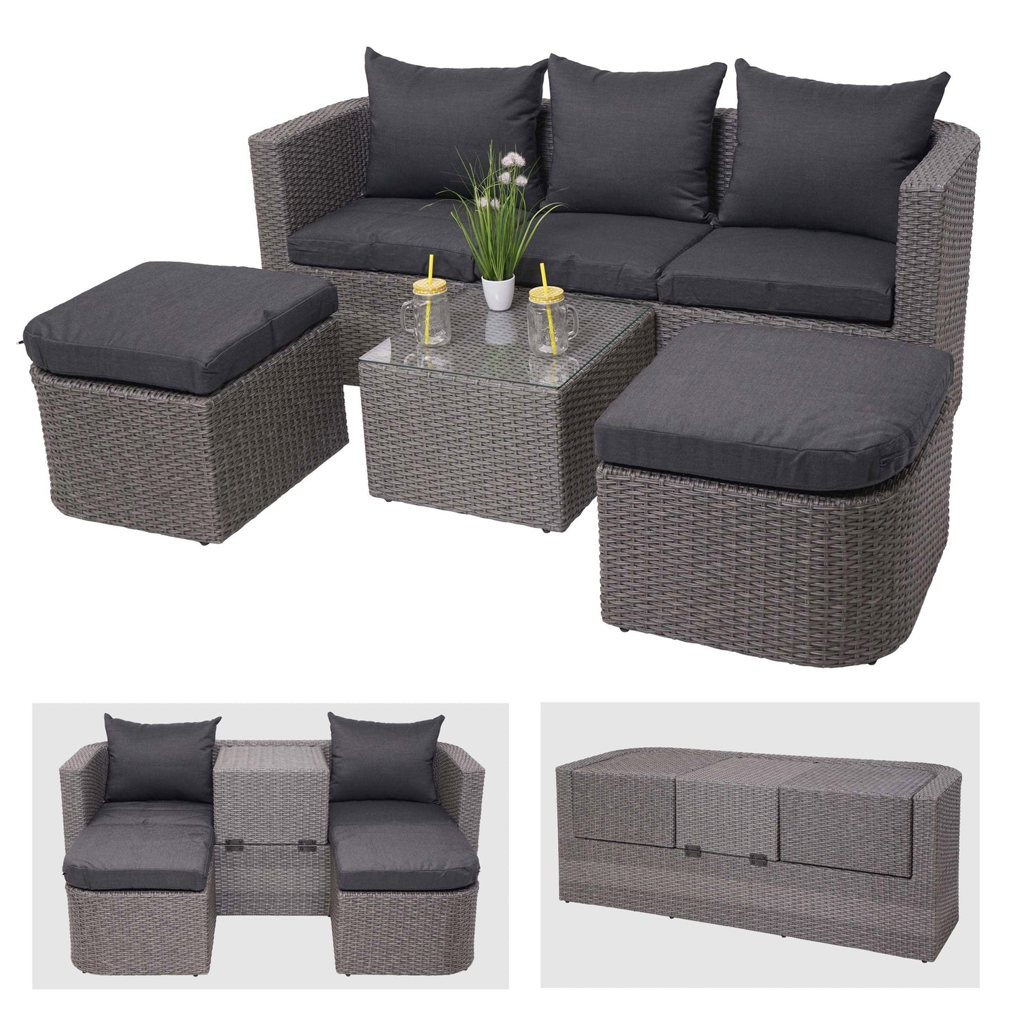 Cosmo Casa - Loungeset - Zonne-eiland met Kussens - Polyrotan - Grijs Antraciet