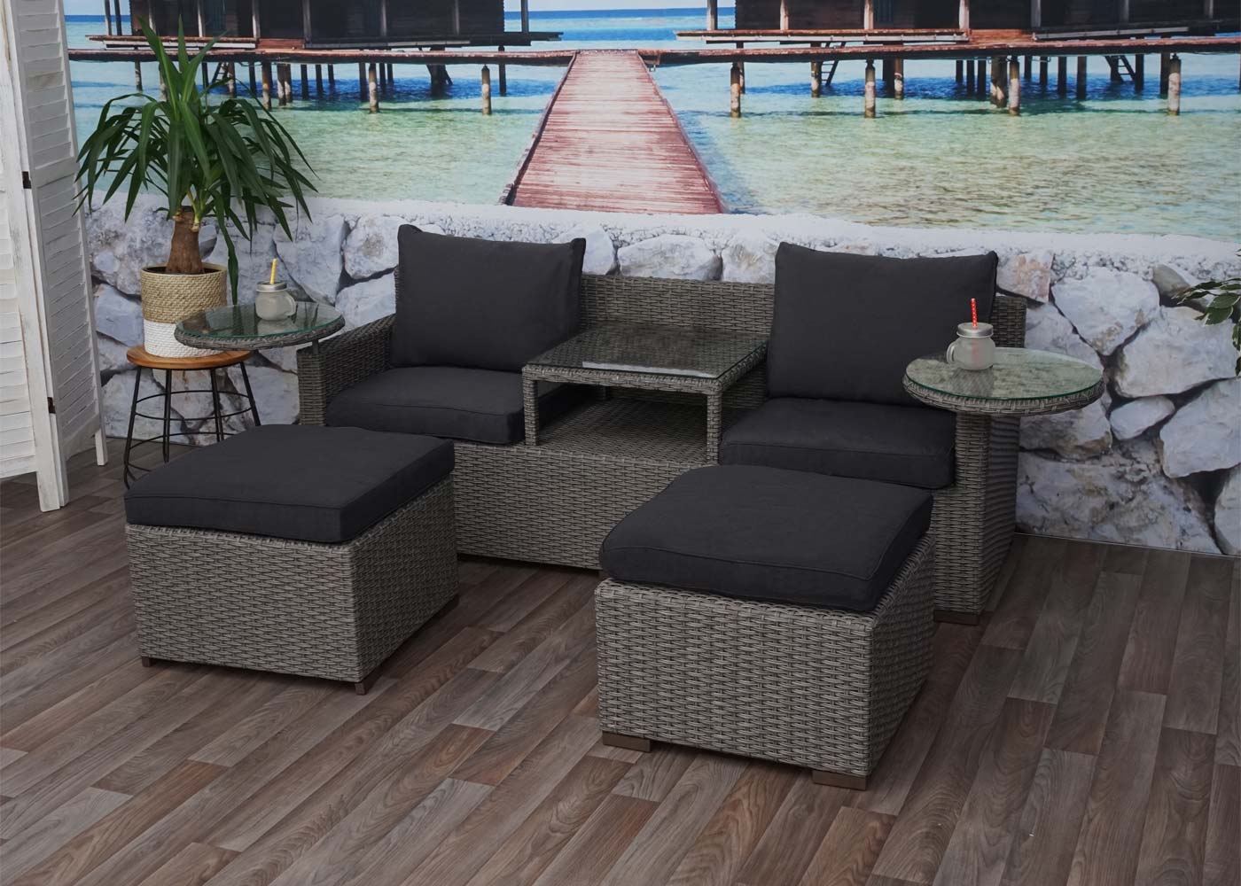 Cosmo Casa - Polyrotan Set - Tuin Loungeset - Zitgroep - Gesponnen Poly Halfrond Rotan - Grijs met Antraciet Kussens