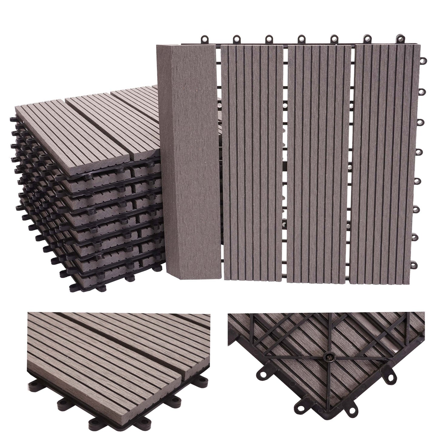 Cosmo Casa - WPC Vloertegel Rhone + Afwerking - Houtlook Balkon/Terras - WPC - Grijs Lineair Verticaal - 11×30×30 cm = 1 m² Premium