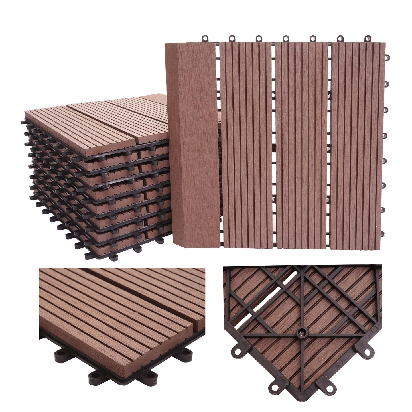 Cosmo Casa - WPC Vloertegel Rhone + Afwerking - Houtlook Balkon/Terras - WPC - Koffie Lineair Verticaal - 11×30×30 cm = 1 m² Premium