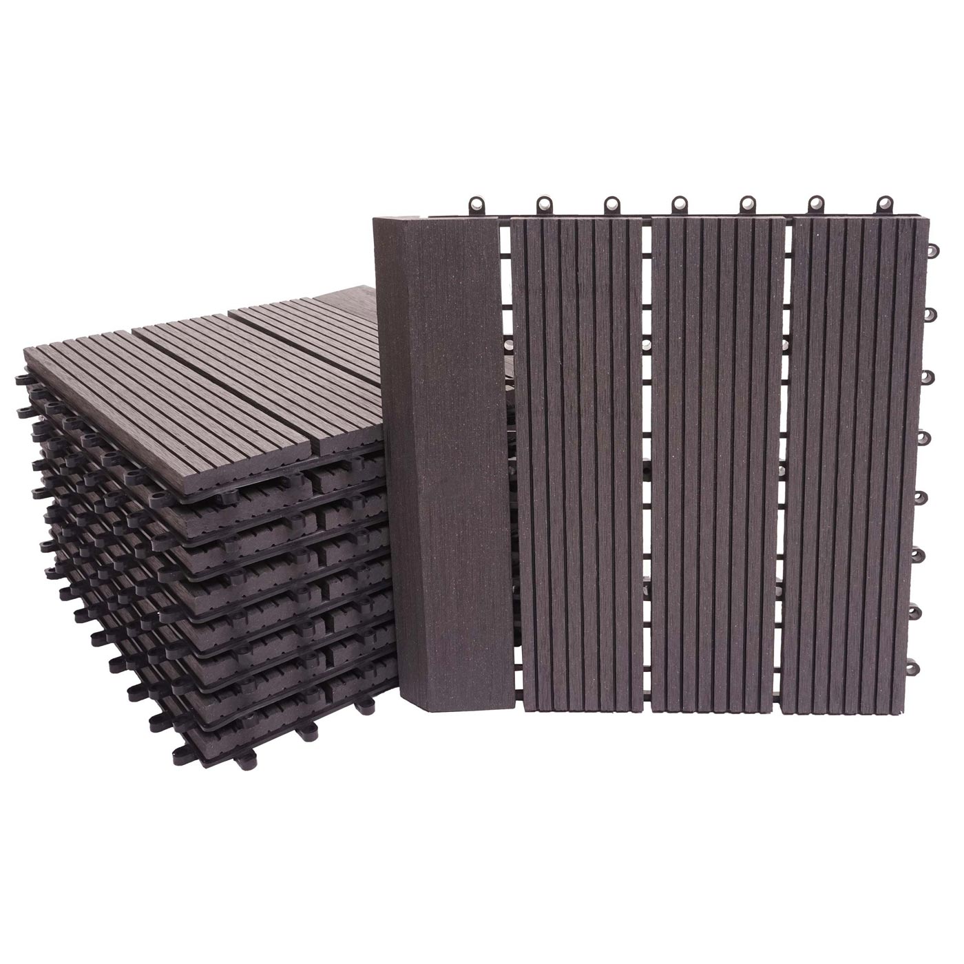 Cosmo Casa - WPC Vloertegel Rhone + Afwerking - Houtlook Balkon/Terras - WPC - Antraciet Lineair Verticaal - 11×30×30 cm = 1 m² Premium