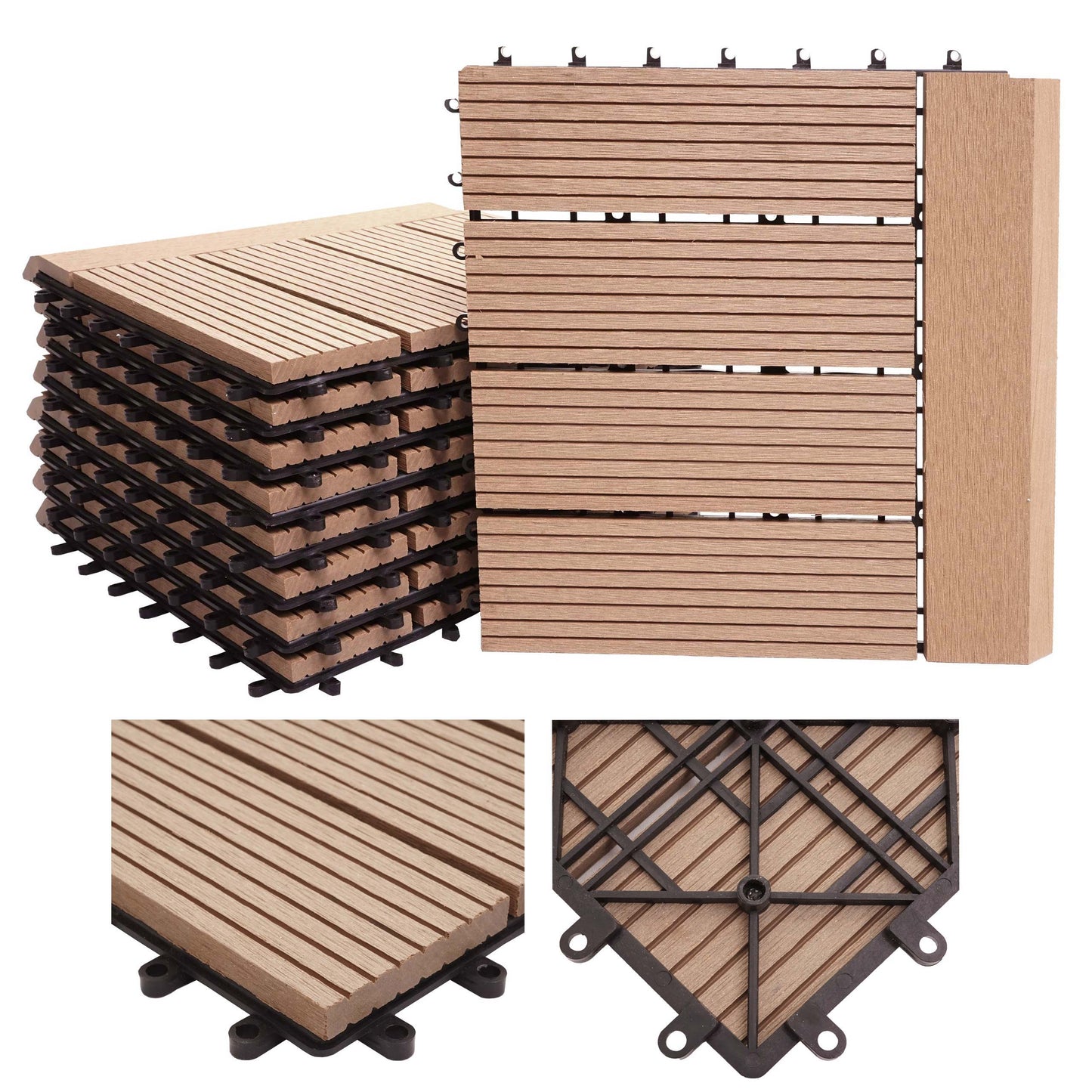 Cosmo Casa - WPC Vloertegel Rhone + Afwerking - Houtlook Balkon/Terras - WPC - Teak Lineair Horizontaal - 11×30×30 cm = 1 m² Premium