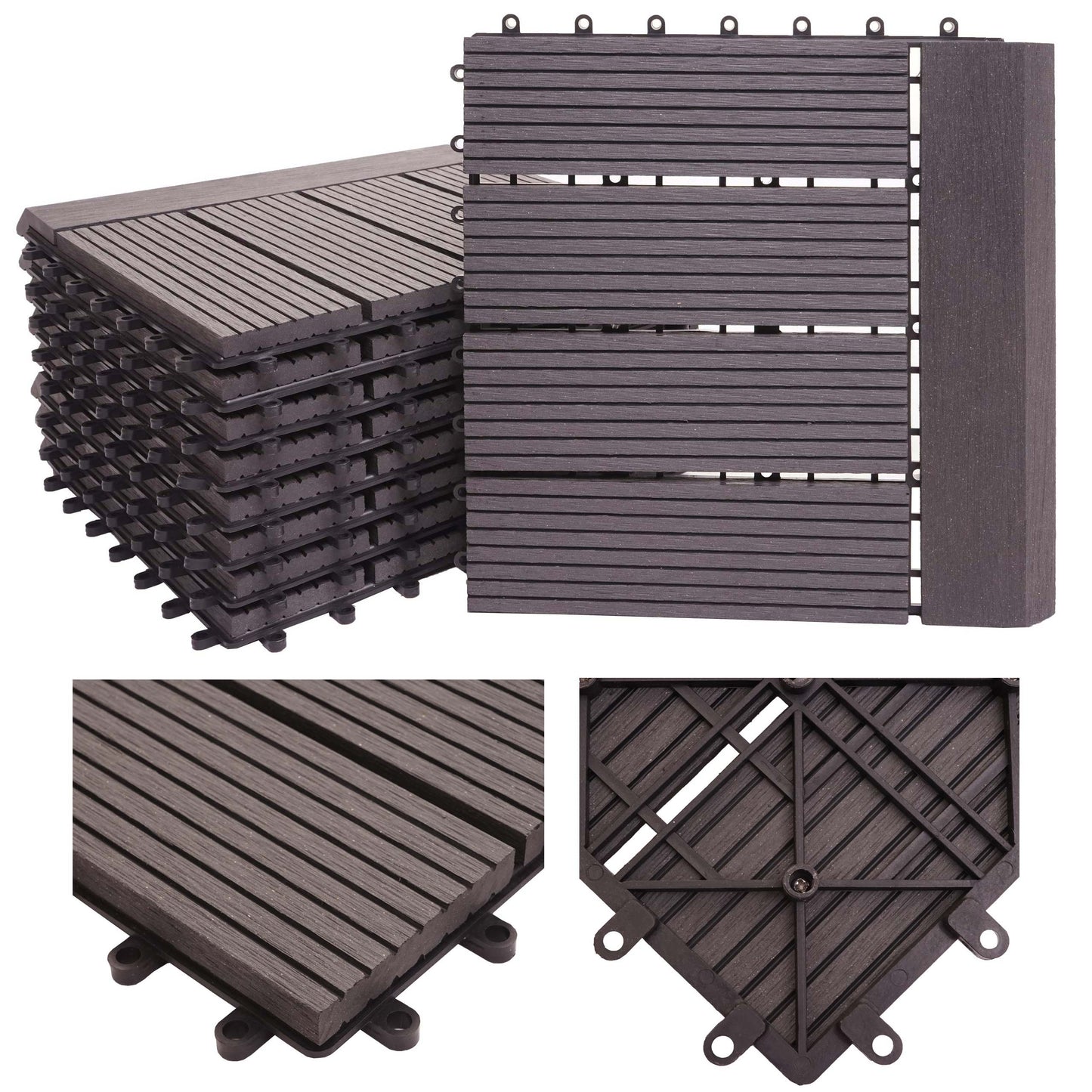 Cosmo Casa - WPC Vloertegel Rhone + Afwerking - Houtlook Balkon/Terras - WPC - Antraciet Lineair Horizontaal - 11×30×30 cm = 1 m² Premium