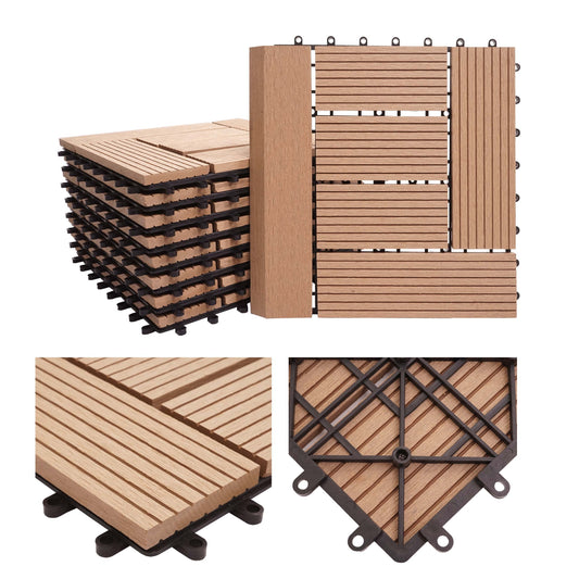 Cosmo Casa - WPC Vloertegel Rhone + Afwerking - Houtlook Balkon/Terras - WPC - Teak Offset - 11×30×30 cm = 1 m² Premium