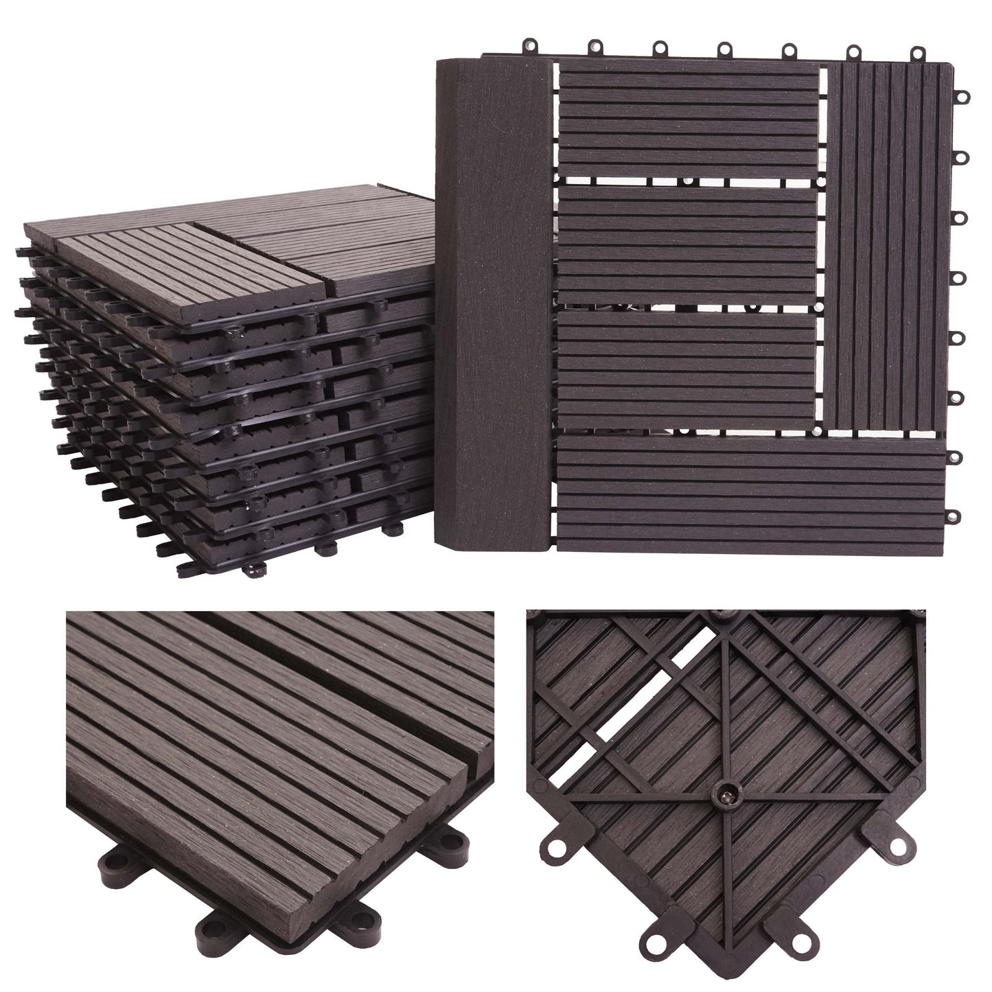 Cosmo Casa - WPC Vloertegel Rhone + Afwerking - Houtlook Balkon/Terras - WPC - Antraciet Offset - 11×30×30 cm = 1 m² Premium