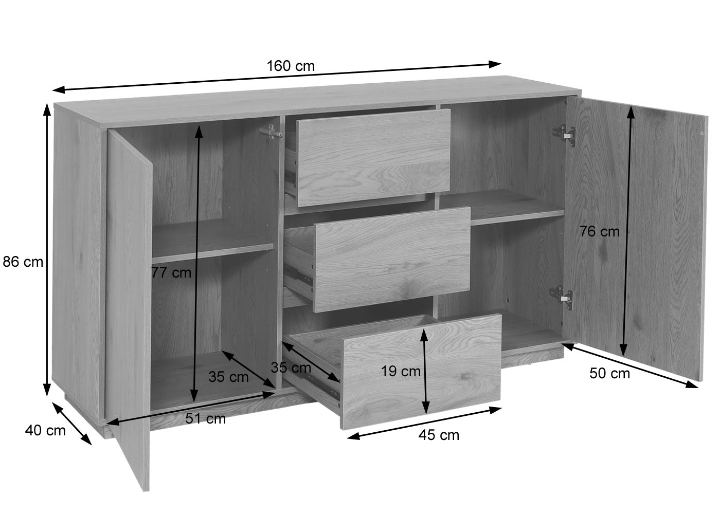 Cosmo Casa - Dressoir - Soft-close lade - MDF - Eikenlook - 86×160×40 cm