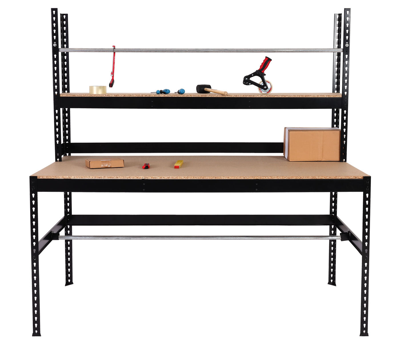 Cosmo Casa - Packstation Werktafel - In Hoogte Verstelbaar met Rolhouder - Hout en Staal - Zwart - 183x183x90cm