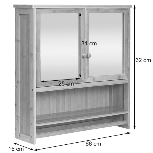 Cosmo Casa - Spiegelkast - Badkamerspiegelkast Hangkast - Bamboe - 3 Planken & 2 Deuren & Spiegel - 62×66×15 cm