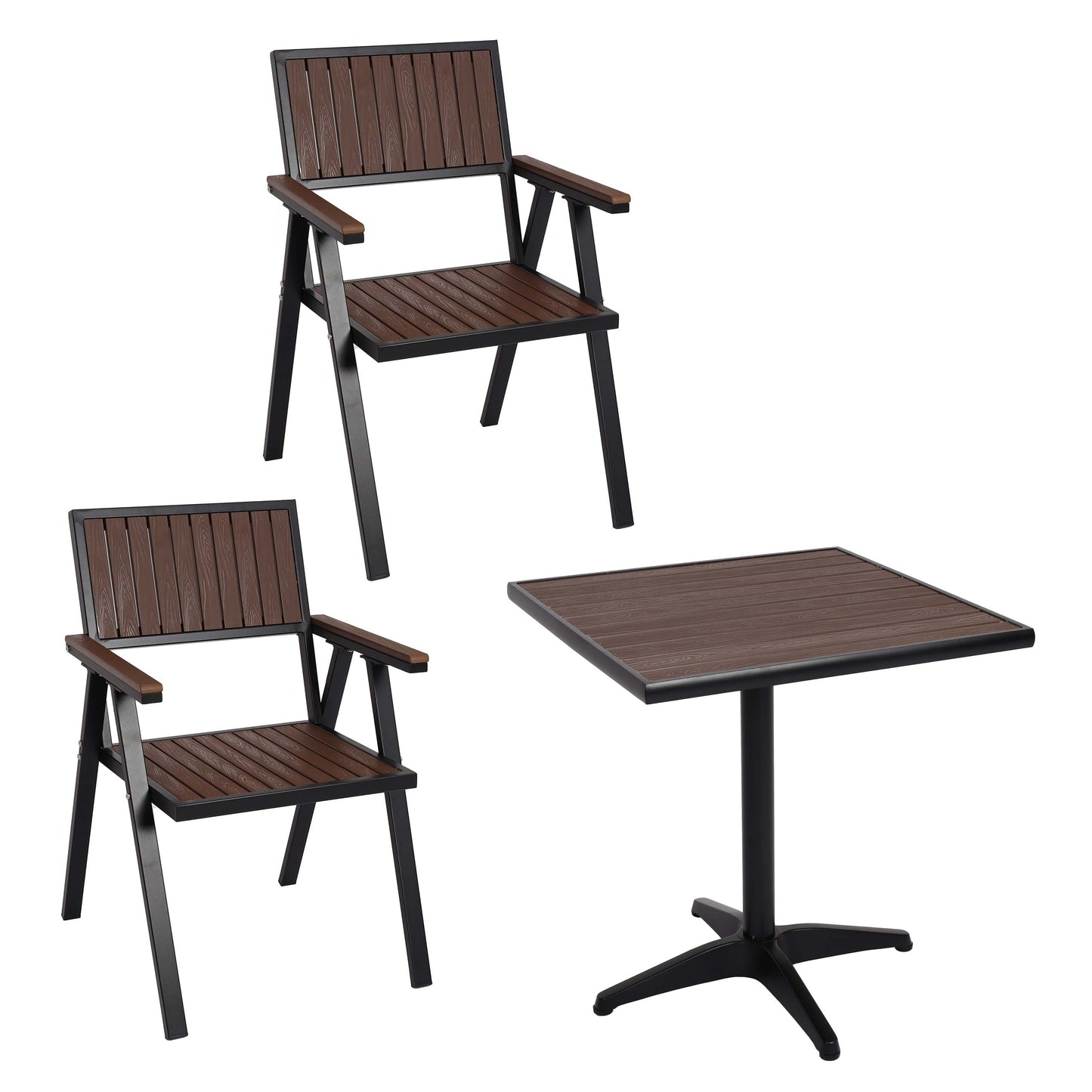 Cosmo Casa - Set van 2 Tuinstoelen en Tafel - Gastro Outdoor Coating - Aluminium Houtlook - Zwart & Donkerbruin