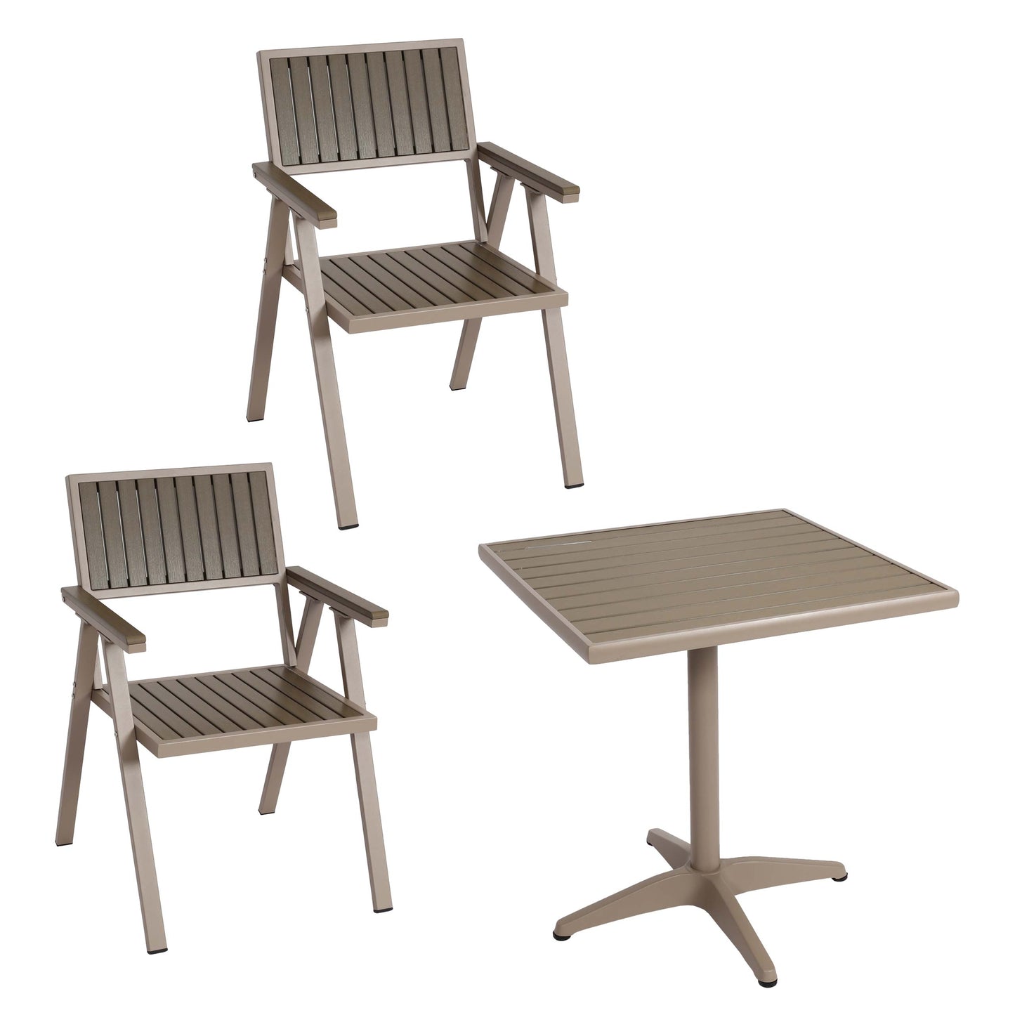 Cosmo Casa - Set van 2 Tuinstoelen en Tafel - Gastro Outdoor Coating - Aluminium Houtlook - Champagne & Grijs