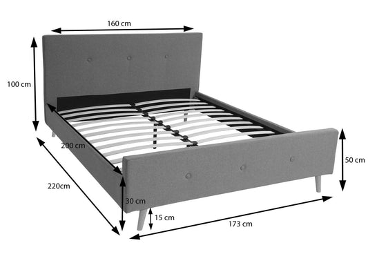 Cosmo Casa - Gestoffeerd Bed - Met lattenbodem - Massief hout - Grijs - 160×200 cm