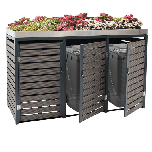 Cosmo Casa - Vuilnisbakbekleding - Met plantenbak - WPC & RVS - Antraciet - 124×200×84 cm