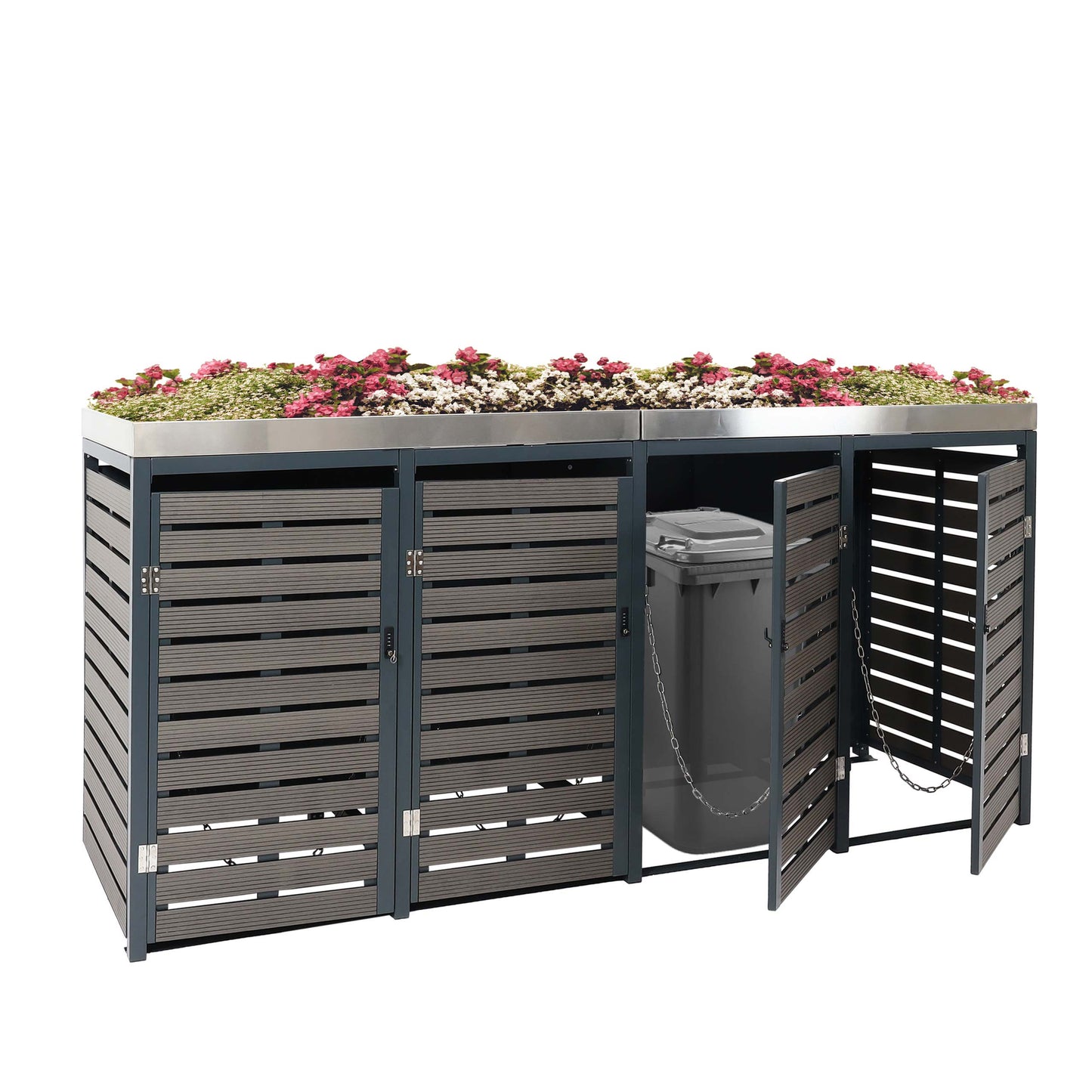 Cosmo Casa - Set van 4 Vuilnisbakbekleding met Plantenbak - WPC & RVS - Antraciet - 124×265×84 cm / 132 kg