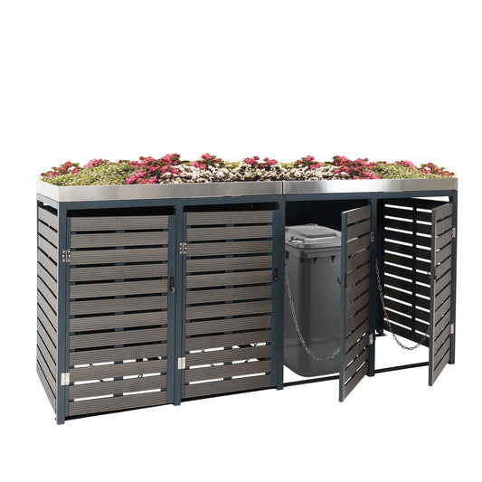 Cosmo Casa - Set van 4 Vuilnisbakbekleding met Plantenbak - WPC & RVS - Antraciet - 124×265×84 cm / 132 kg