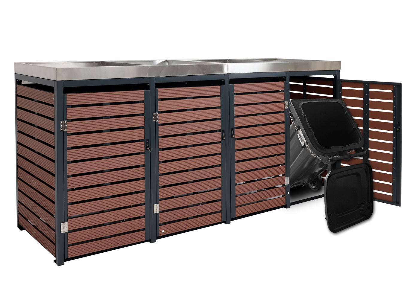 Cosmo Casa - Set van 4 Vuilnisbakbekleding met Plantenbak - WPC & RVS - Walnoothoutlook - 124×265×84 cm / 132 kg