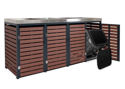 Cosmo Casa - Set van 4 Vuilnisbakbekleding met Plantenbak - WPC & RVS - Walnoothoutlook - 124×265×84 cm / 132 kg